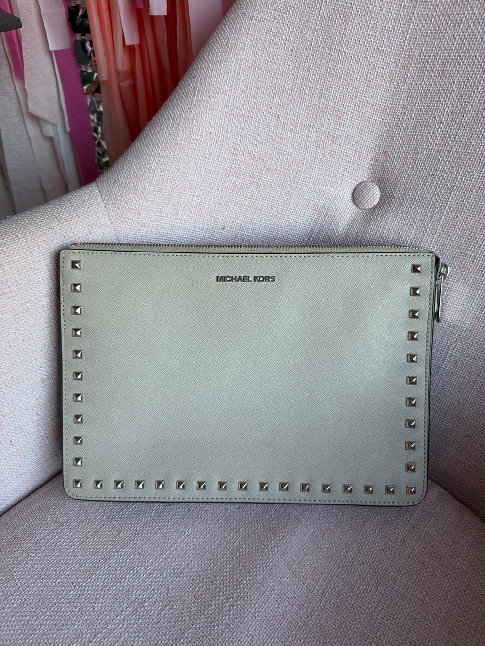 Michael Kors Ivory Leather Studded Zip Pouch